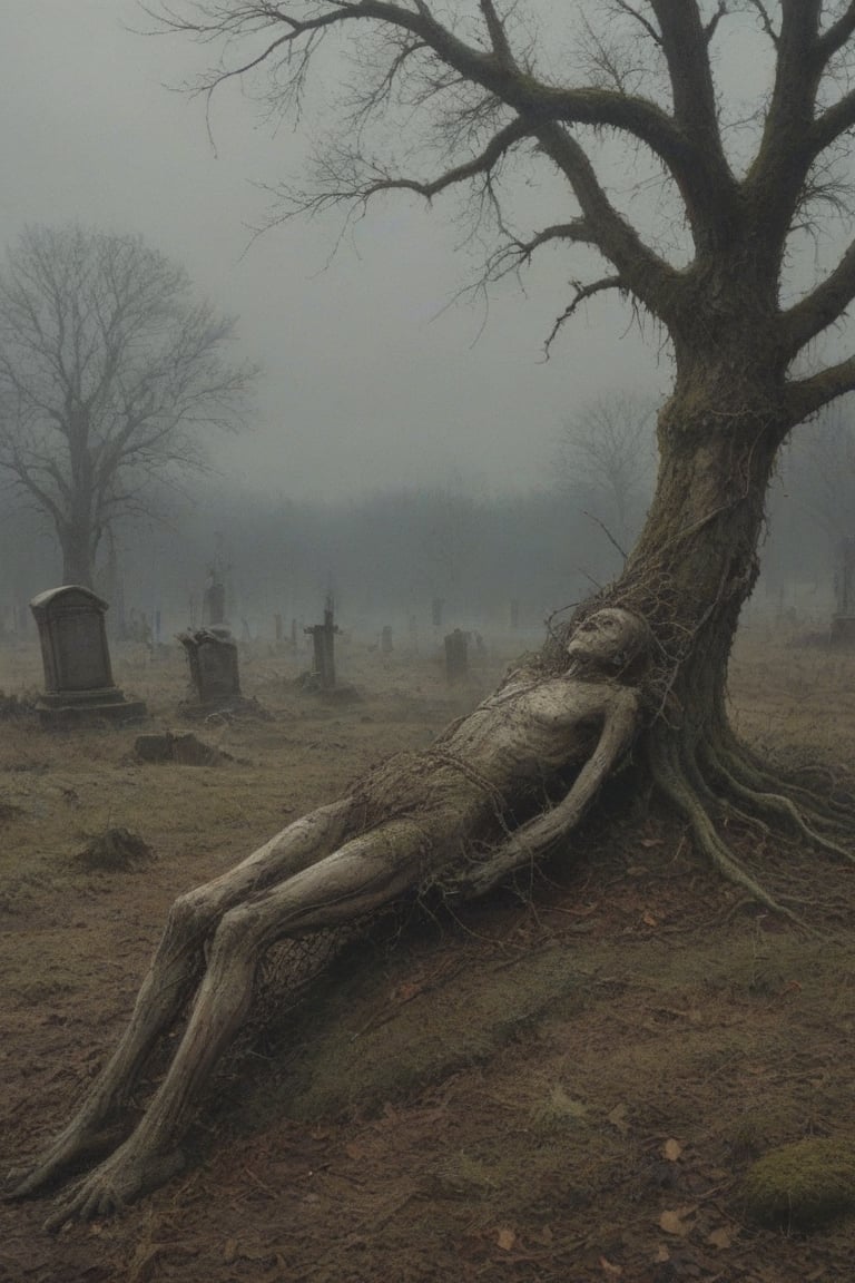 A desolate cemetery landscape: the dead body of a lone macilent  skinny man, consumed by despair, hangs precariously from a rope tied to his neck with a slip knot, from a withered tree branch, surrounded by sparse, dry foliage and crumbling tombstones overgrown with moss, brittle branches, and tangled roots. Gray clouds dominate the sky, only partially illuminated by the winter sun's faint light.
His corpse hangs suspended two meters from the ground, from the rope from his broken neck, swaying in the air, due to the wind that also moves the dry branches, and makes the dry and loose leaves fly. If you look that scene, you only can think in desolation, sadness and despair. His arms and legs are down. The air between his feet and soil is invaded by mist.