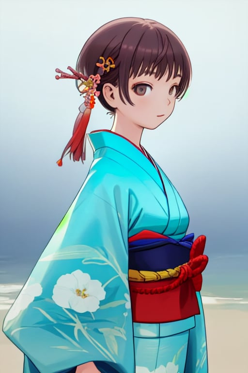 masterpiece,cowboy shot,front shot,face forward,solo,young girl,small breast,hair accessory,japanese kimono,