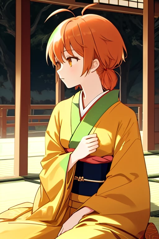 masterpiece,cowboy shot,front shot,face forward,solo,young girl,small breast,hair accessory,japanese kimono,koito yuu,ahoge,orange hair,sitting down,