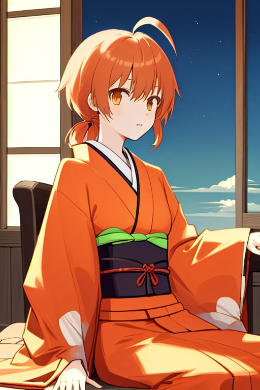 masterpiece,cowboy shot,front shot,face forward,solo,young girl,small breast,hair accessory,japanese kimono,koito yuu,ahoge,orange hair,sitting down,