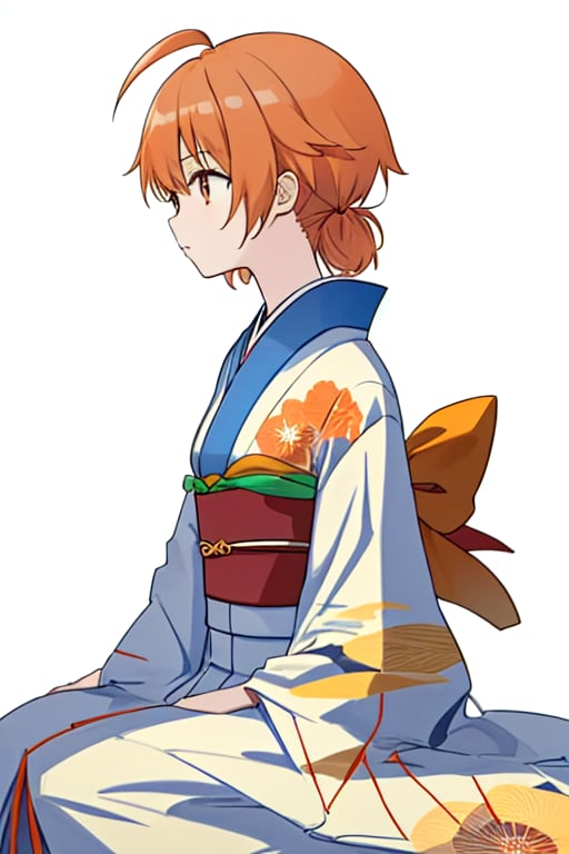 masterpiece,cowboy shot,front shot,face forward,solo,young girl,small breast,hair accessory,japanese kimono,koito yuu,ahoge,orange hair,sitting down,