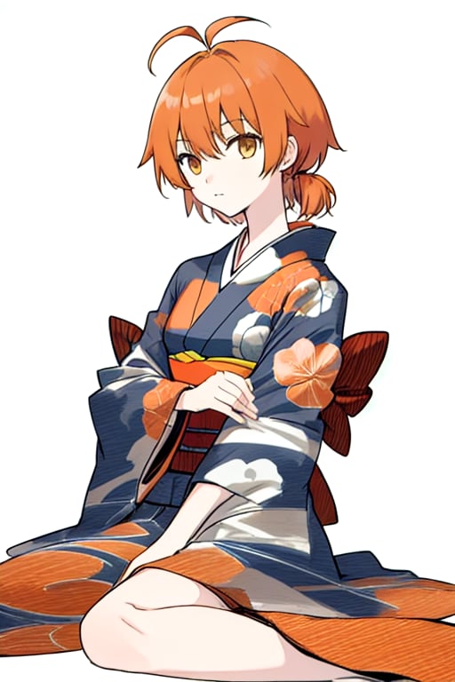 masterpiece,cowboy shot,front shot,face forward,solo,young girl,small breast,hair accessory,japanese kimono,koito yuu,ahoge,orange hair,sitting down,