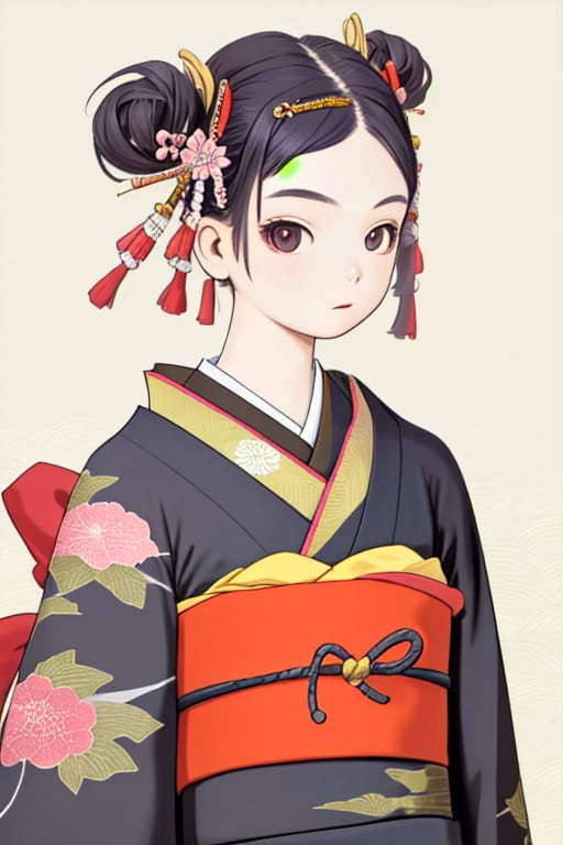 master piece,upper body shot,young child,small breast,japanese kimono,hair accessory,ideal ratio body proportions