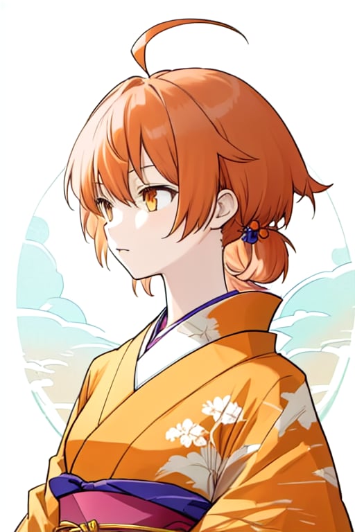 masterpiece,upper body shot,front shot,face forward,solo,young girl,small breast,hair accessory,japanese kimono,koito yuu,ahoge,orange hair,