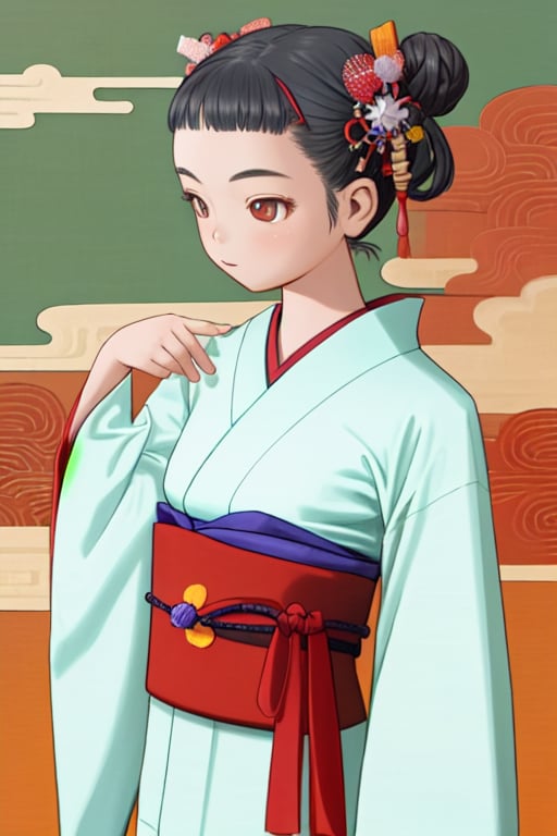 master piece,upper body shot,young child,small breast,japanese kimono,hair accessory,ideal ratio body proportions