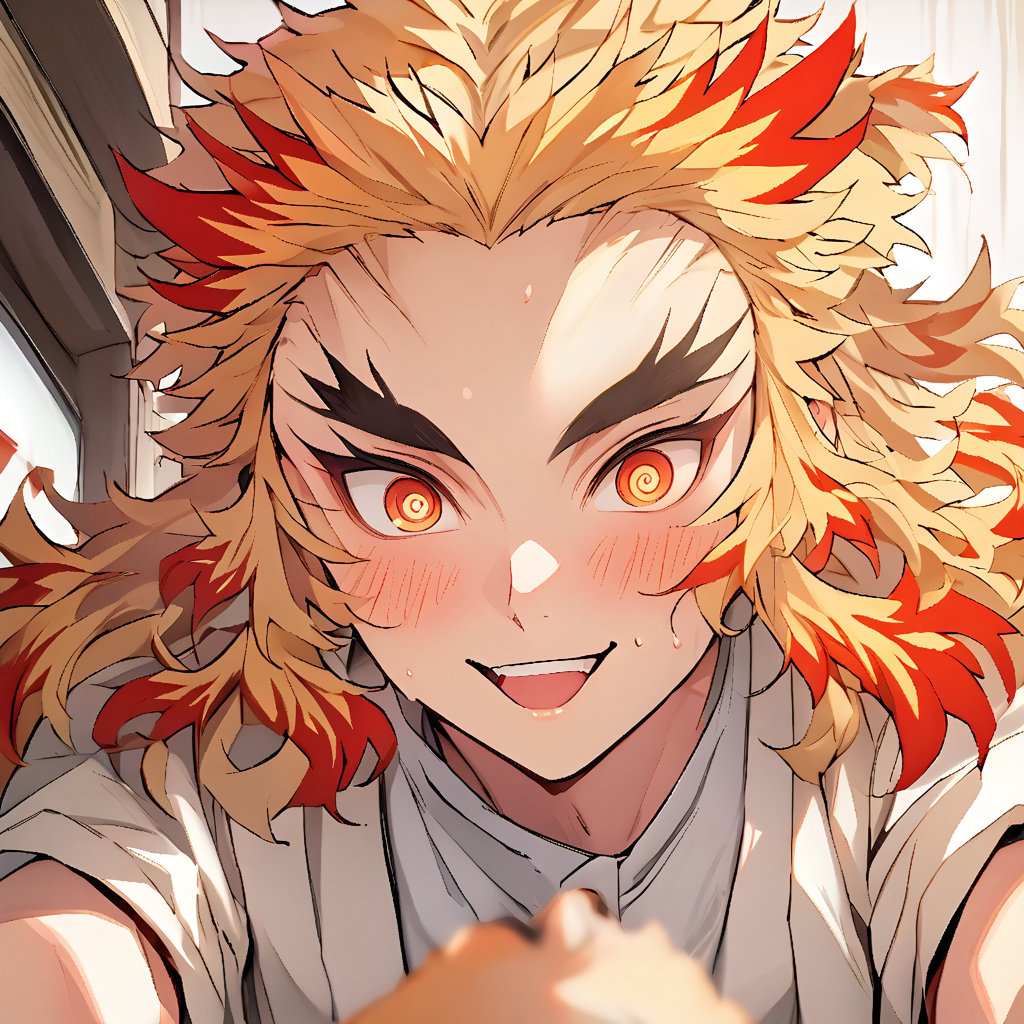 Score_9,score_8_up,score_7_up,Highly detailed, masterpiece, high quality, beautiful, high resolution, good details,1boy,orange eyes,forked eyebrowns,multicolored hair,long hair,rengoku kyojuro,kny, zjw, high_resolution, woman_pov, hand_pov, pov, female_pov, Rengoku in_love, Rengoku blushed, Rengoku sending a kiss to female pov,