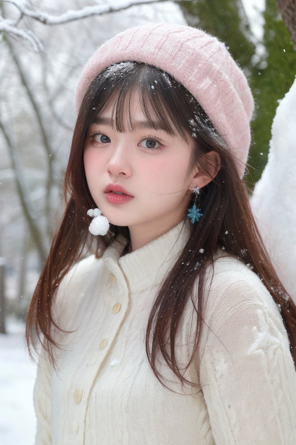 
```
A wintery scene unfolds: a lone girl stands under a bare tree, surrounded by softly falling snow. Her long hair cascades down her back, partially obscuring her face as she gazes directly at the viewer with bright blue eyes and parted lips. She wears a pink turtleneck sweater adorned with a star symbol, a hat, and her bangs frame her blush-tinted cheeks. Long sleeves and earrings complete her winter wonderland ensemble, as snowflakes gently land on her hair and shoulders. Upper body, looking at viewer, masterpiece.
```