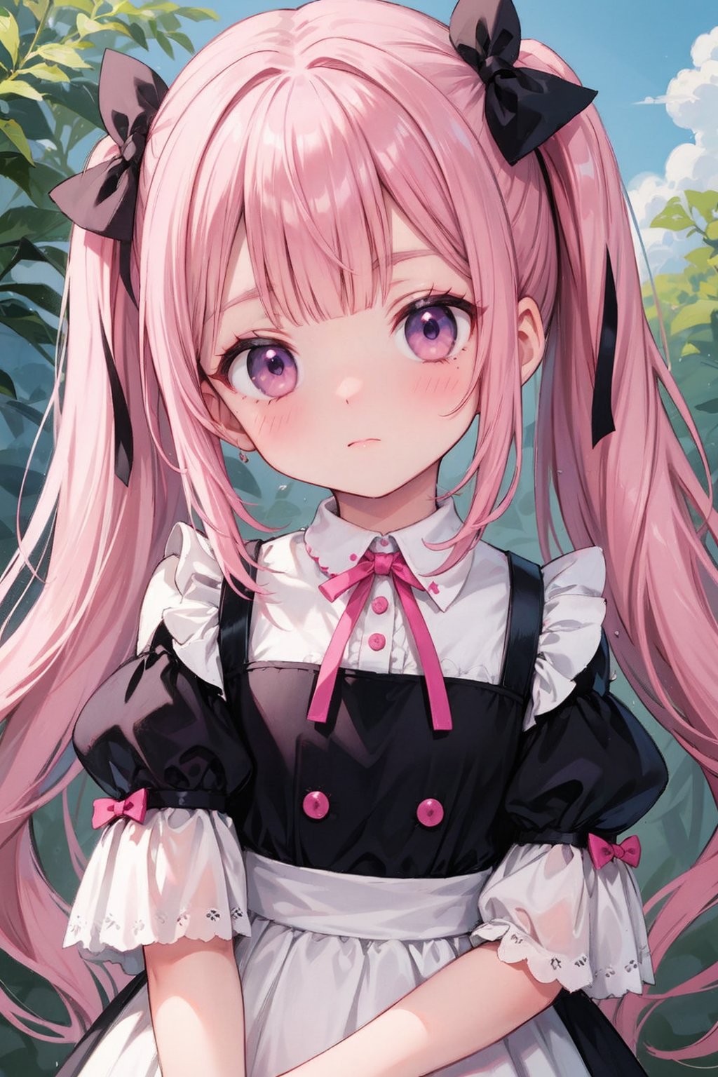 1girl, solo, looking at viewer, bangs, shirt, dress, bow, ribbon, twintails, closed mouth, white shirt, upper body, pink hair, hair bow, outdoors, puffy sleeves, blunt bangs, medium hair, mole, black dress, pink bow, realistic, pinafore dres