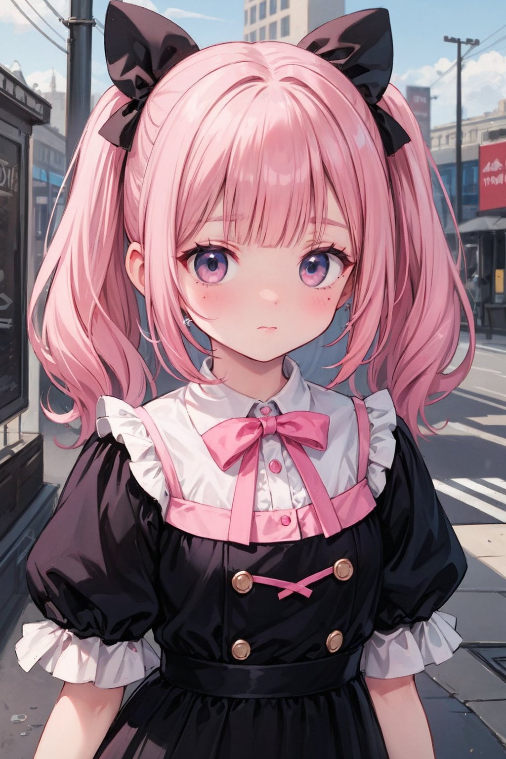 1girl, solo, looking at viewer, bangs, shirt, dress, bow, ribbon, twintails, closed mouth, white shirt, upper body, pink hair, hair bow, outdoors, puffy sleeves, blunt bangs, medium hair, mole, black dress, pink bow, realistic, pinafore dres