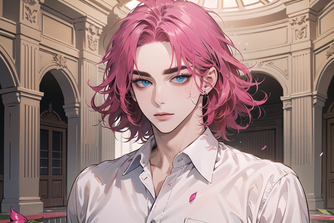 Kryon,1 boy, ((solo focus)), (((Fuchsia hair))), ((thick eyebrows)), ((Medium score)), To reveal the forehead, ((Split head)), ((messy hair)), ((wavy curly hair)), short hair, blue eyes, mature, ((white shirt:1.3)), shoet sleeve, by Raphael, masterpiece, upper body shot, magnificent indoor hall,1 man