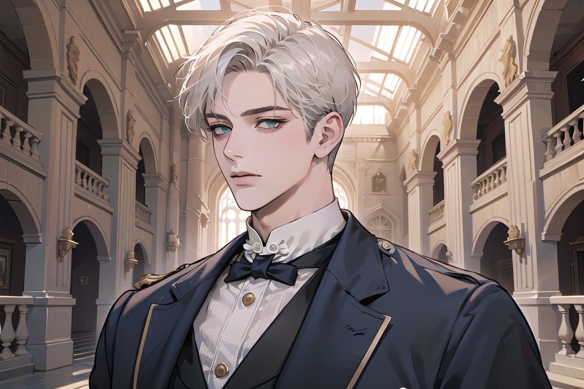 Ydor, 1boy, ((solo focus)), ((white short hair)), (Left side-parting bangs), green eyes, handsome, mature, angular jaw, thick neck, ((CadetBlue)) ((Victorian suit:1.3)), long sleeve, by Raphael, masterpiece, upper body shot, magnificent indoor hall