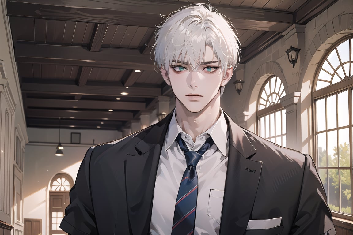 Ydor, 1boy, ((solo focus)), ((white short hair)), (bangs), green eyes, handsome, angular jaw, thick neck, ((School uniform:1.3)), tie, short sleeve, by Raphael, masterpiece, upper body shot, magnificent indoor hall