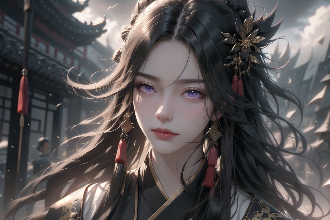 (cowboy shot), dynamic action style, (1woman), (female:1.2), mature face, (mature girl:1.2), sinister smirk, (Chinese hanfu with black and gold accents), finely detailed eyes and face, slim figure, (long black straight hair:1.2), (purple eyes:1.1), (focus on character:1.1), ((solo)), detailed face, detailed eyes, Chinese epic style, clear subject, ultra realistic, ultra detailed, OC rendering, blender, high detail, ultra high quality, dark and ominous atmosphere, dark clouds swirling, subtle mist