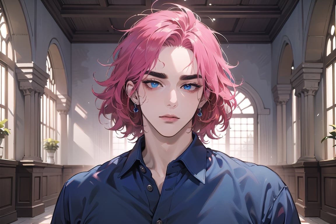 Kryon, mature, ((solo focus)), (((Fuchsia hair))), ((thick eyebrows)), ((Medium score)), To reveal the forehead, ((Split head)), ((messy hair)), ((wavy curly hair)), short hair, blue eyes, mature, ((blue shirt:1.3)), shoet sleeve, by Raphael, masterpiece, upper body shot, magnificent indoor hall,1 man