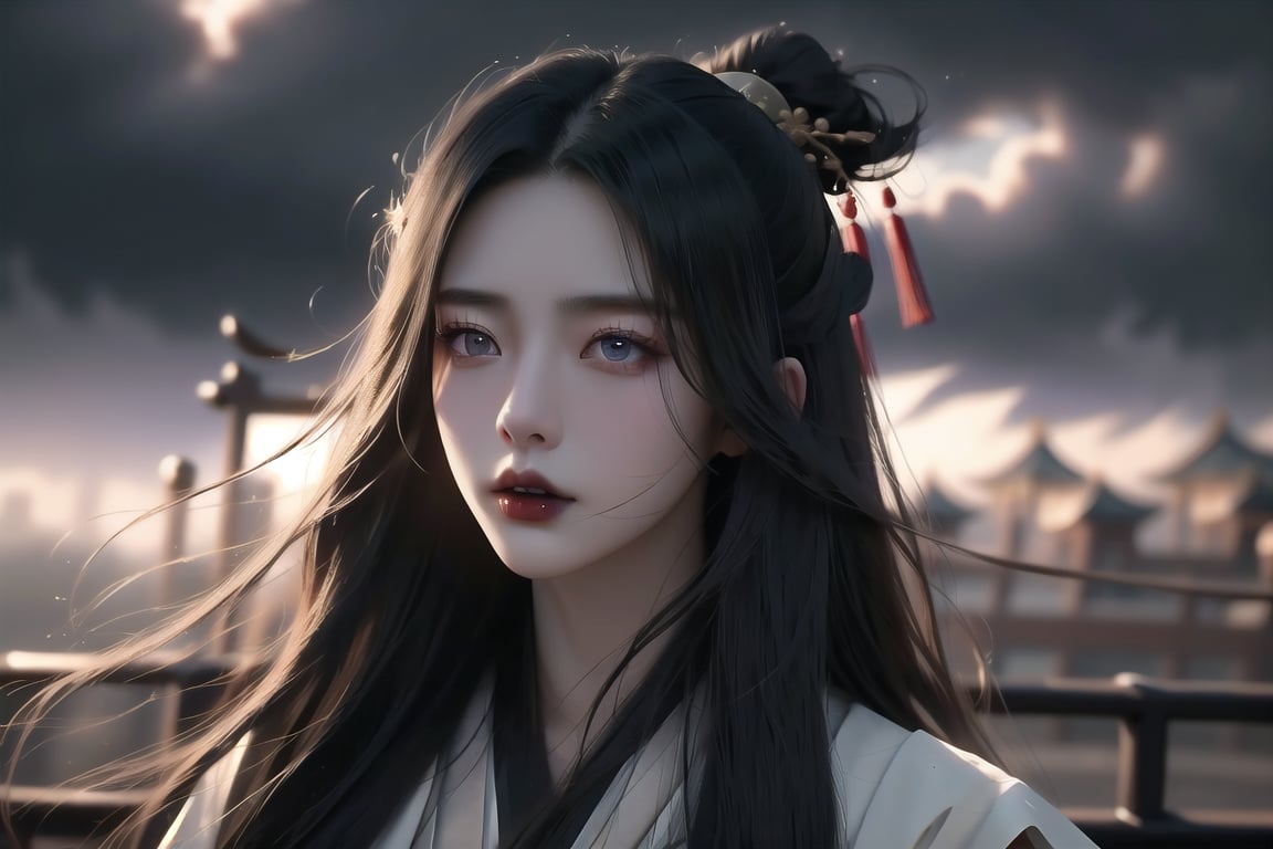 (cowboy shot), dynamic action style, (1woman), (female:1.2), mature face, (mature girl:1.2), evil, (Chinese hanfu with black accents), finely detailed eyes and face, slim figure, (long black straight hair:1.2), (purple eyes:1.1), (focus on character:1.1), ((solo)), detailed face, detailed eyes, Chinese epic style, clear subject, ultra realistic, ultra detailed, OC rendering, blender, high detail, ultra high quality, dark and ominous atmosphere, dark clouds swirling, subtle mist