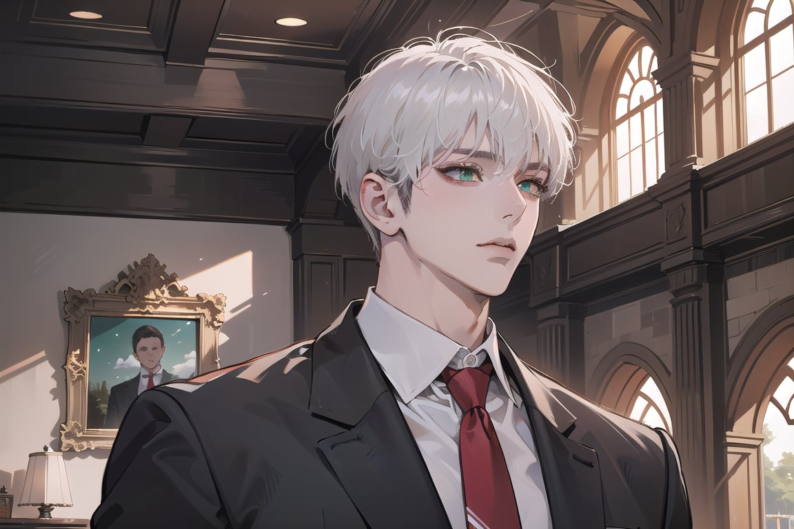 Ydor, 1boy, ((solo focus)), ((white short hair)), ((side-parting bangs:1.2)), green eyes, handsome, angular jaw, thick neck, ((Red)) (School uniform:1.3), long tie, royal, long sleeve, by Raphael, masterpiece, upper body shot, magnificent indoor hall