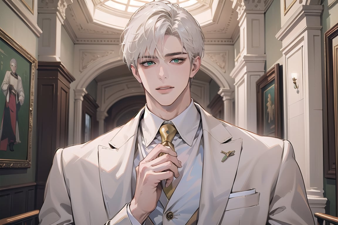 Ydor, 1boy, ((solo focus)), ((white short hair)), (Left side-parting bangs), happy, green eyes, handsome, mature, angular jaw, thick neck, ((white)) ((groom suit:1.3)), long sleeve, by Raphael, masterpiece, upper body shot, magnificent indoor hall