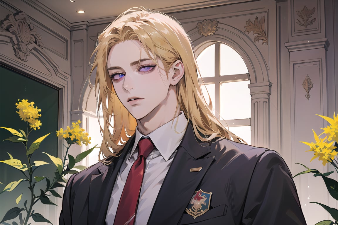 Nitrey, 1 boy, ((solo focus)), ((Goldenrod hair)), ((long straight hair)), (purple eyes), ((Medium score)), (((half-down:1.3))), To reveal the forehead, handsome, angular jaw,  thick neck, ((School uniform:1.3)), red tie, by Raphael, masterpiece, upper body shot, magnificent indoor hall