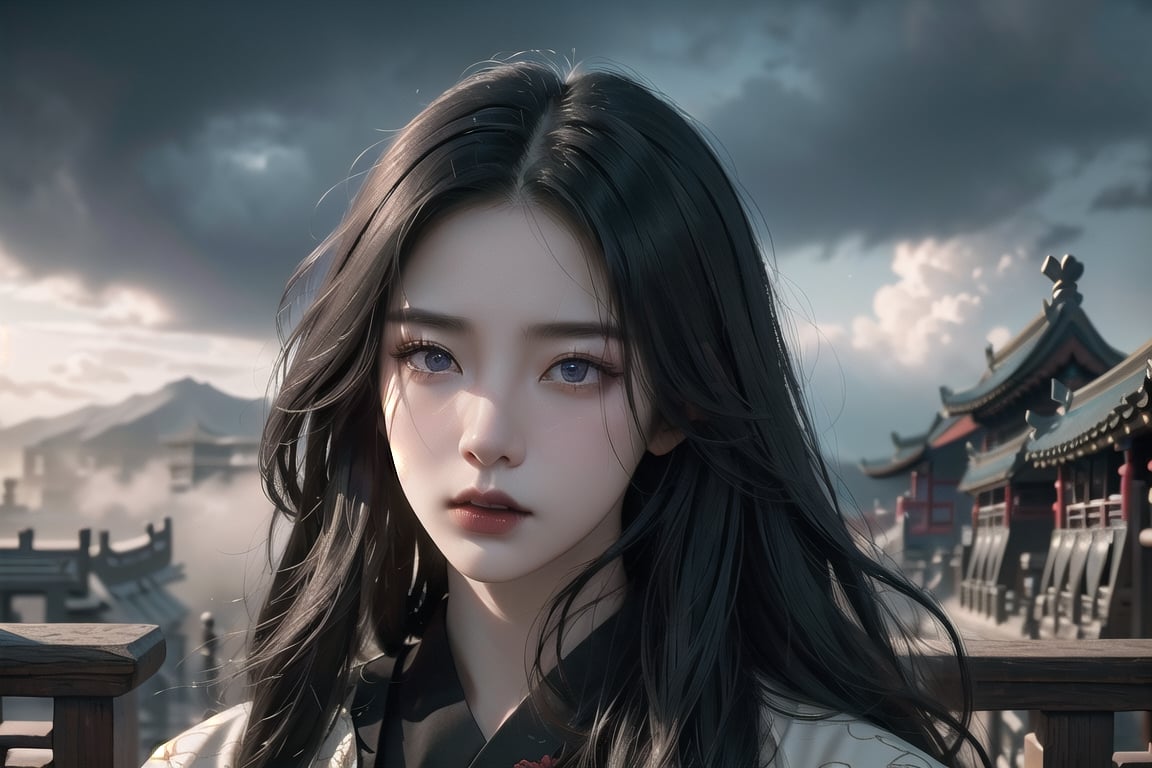 (cowboy shot), dynamic action style, (1woman), (female:1.2), mature face, (mature girl:1.2), evil, (Chinese hanfu with black accents), finely detailed eyes and face, slim figure, (long black straight hair:1.2), (purple eyes:1.1), (focus on character:1.1), ((solo)), detailed face, detailed eyes, Chinese epic style, clear subject, ultra realistic, ultra detailed, OC rendering, blender, high detail, ultra high quality, dark and ominous atmosphere, dark clouds swirling, subtle mist