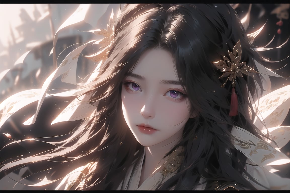 (cowboy shot), dynamic action style, (1woman), (female:1.2), mature face, (mature girl:1.2), sinister smirk, (Chinese hanfu with black and gold accents), finely detailed eyes and face, slim figure, (long black straight hair:1.2), (purple eyes:1.1), (focus on character:1.1), ((solo)), detailed face, detailed eyes, Chinese epic style, clear subject, ultra realistic, ultra detailed, OC rendering, blender, high detail, ultra high quality, dark and ominous atmosphere, dark clouds swirling, subtle mist