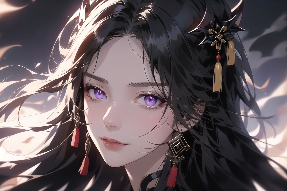 (cowboy shot), dynamic action style, (1woman), (female:1.2), mature face, (mature girl:1.2), sinister smirk, (Chinese hanfu with black and gold accents), finely detailed eyes and face, slim figure, (long black straight hair:1.2), (purple eyes:1.1), (focus on character:1.1), ((solo)), detailed face, detailed eyes, Chinese epic style, clear subject, ultra realistic, ultra detailed, OC rendering, blender, high detail, ultra high quality, dark and ominous atmosphere, dark clouds swirling, subtle mist