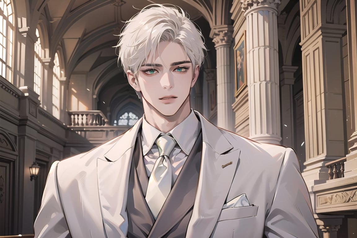 Ydor, 1boy, ((solo focus)), ((white short hair)), (Left side-parting bangs), happy, green eyes, handsome, mature, angular jaw, thick neck, ((white)) ((groom suit:1.3)), long sleeve, by Raphael, masterpiece, upper body shot, magnificent indoor hall