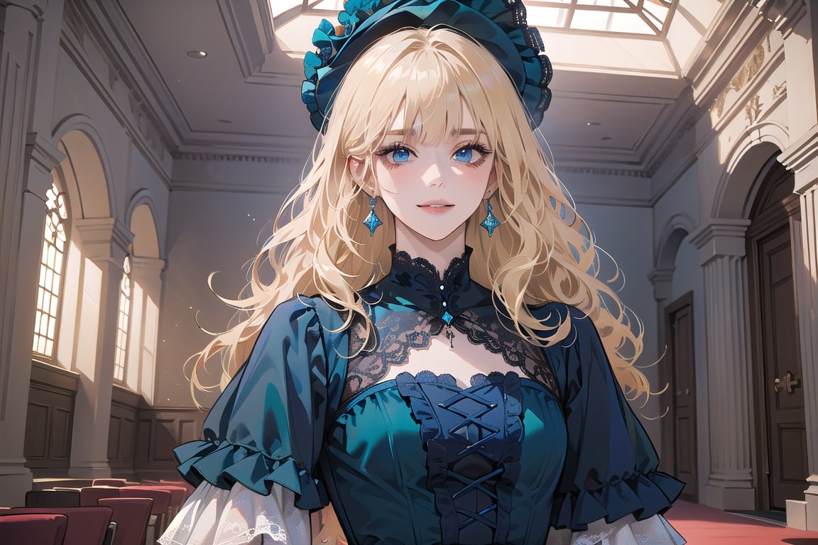 1 teen girl, solo, ((Blonde hair)), (bangs), wavy hair, blue eyes, ((small chest:1.2)), seductive smile, Bonnet, Teal earing, wearing a (Cornflower Blue Traveling Dress), (Royal Blue lace), layered dress, bustle, satin, by Raphael, masterpiece, upper body shot, magnificent indoor hall