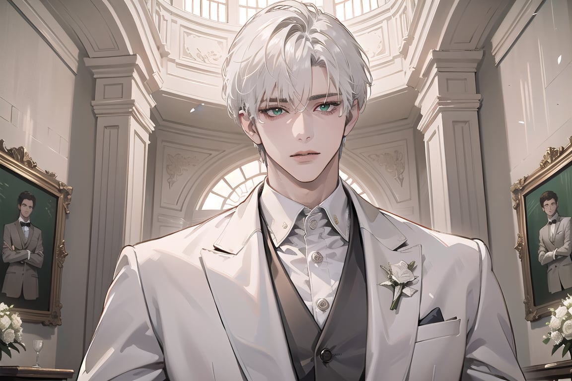 Ydor, 1boy, ((solo focus)), ((white short hair)), (Left side-parting bangs), green eyes, handsome, mature, angular jaw, thick neck, ((white)) ((wedding suit:1.3)), long sleeve, by Raphael, masterpiece, upper body shot, magnificent indoor hall