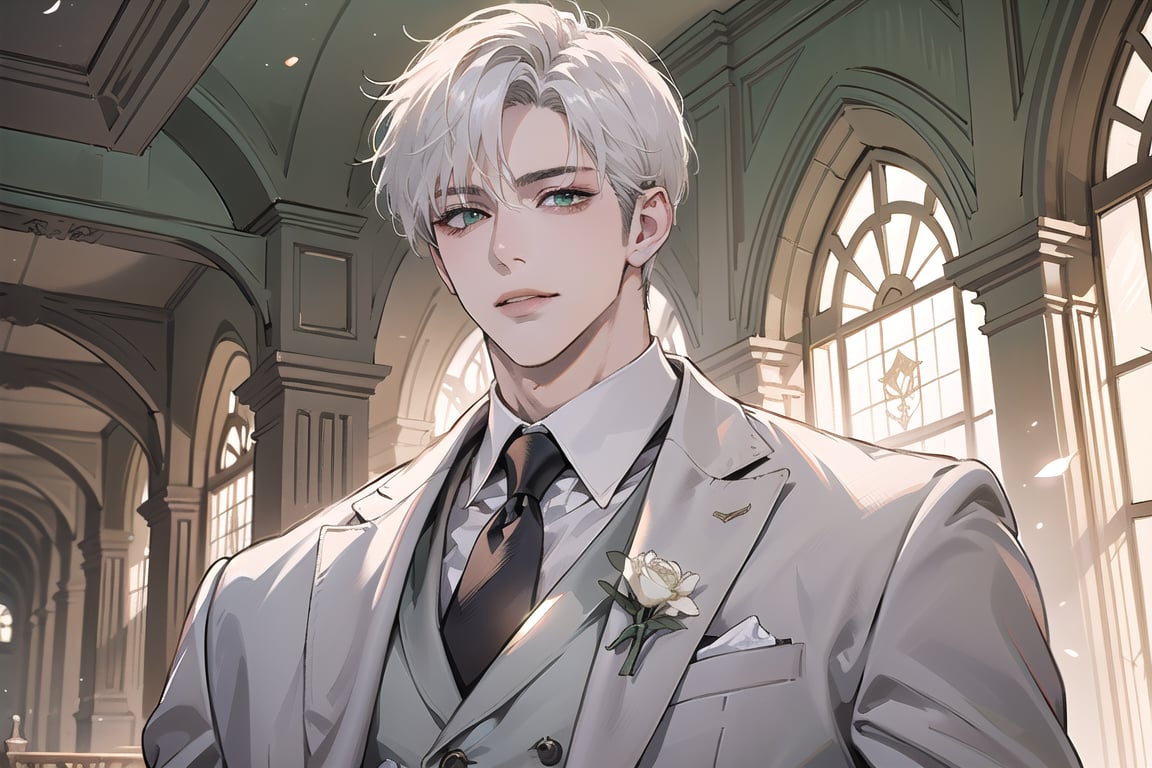 Ydor, 1boy, ((solo focus)), ((white short hair)), (Left side-parting bangs), seductive smile, green eyes, handsome, mature, angular jaw, thick neck, ((White groom suit:1.3)), long sleeve, by Raphael, masterpiece, upper body shot, magnificent indoor hall