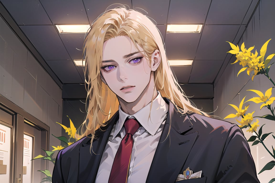 Nitrey, 1 boy, ((solo focus)), ((Goldenrod hair)), ((long straight hair)), (purple eyes), ((Medium score)), (((half-down:1.3))), To reveal the forehead, handsome, angular jaw,  thick neck, ((School uniform:1.3)), red tie, by Raphael, masterpiece, upper body shot, magnificent indoor hall