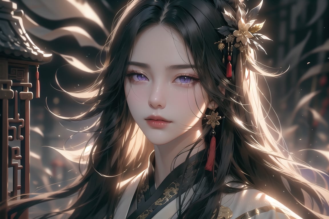 (cowboy shot), dynamic action style, (1woman), (female:1.2), mature face, (mature girl:1.2), sinister smirk, (Chinese hanfu with black and gold accents), finely detailed eyes and face, slim figure, (long black straight hair:1.2), (purple eyes:1.1), (focus on character:1.1), ((solo)), detailed face, detailed eyes, Chinese epic style, clear subject, ultra realistic, ultra detailed, OC rendering, blender, high detail, ultra high quality, dark and ominous atmosphere, dark clouds swirling, subtle mist