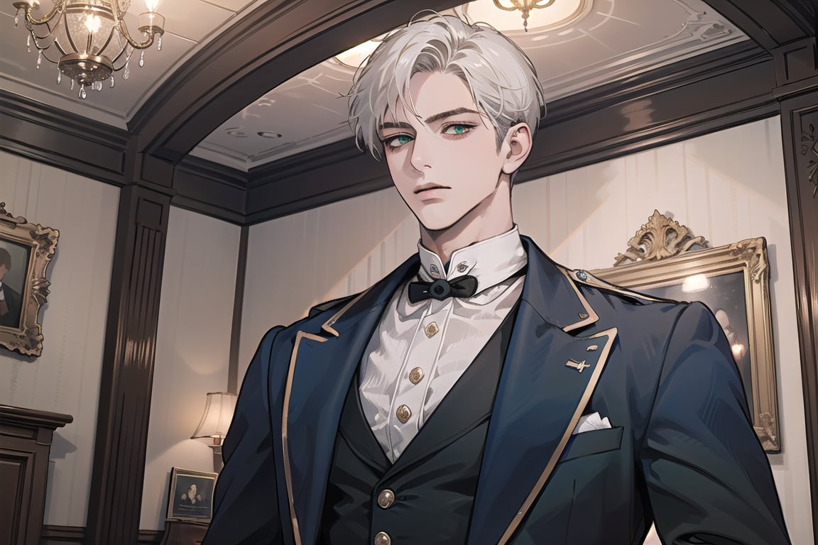 Ydor, 1boy, ((solo focus)), ((white short hair)), (Left side-parting bangs), green eyes, handsome, mature, angular jaw, thick neck, ((CadetBlue)) ((Victorian suit:1.3)), long sleeve, by Raphael, masterpiece, upper body shot, magnificent indoor hall