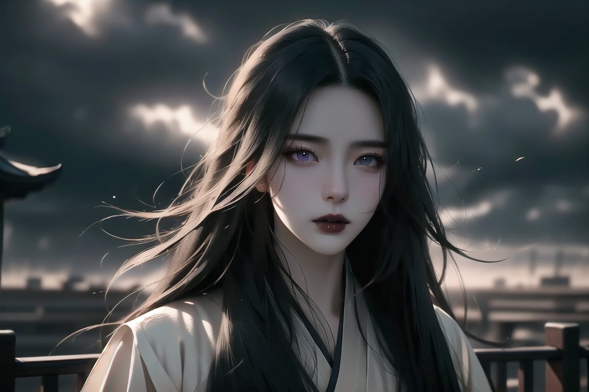 (cowboy shot), dynamic action style, (1woman), (female:1.2), mature face, (mature girl:1.2), evil, (Chinese hanfu with black accents), finely detailed eyes and face, slim figure, (long black straight hair:1.2), (purple eyes:1.1), (focus on character:1.1), ((solo)), detailed face, detailed eyes, Chinese epic style, clear subject, ultra realistic, ultra detailed, OC rendering, blender, high detail, ultra high quality, dark and ominous atmosphere, dark clouds swirling, subtle mist