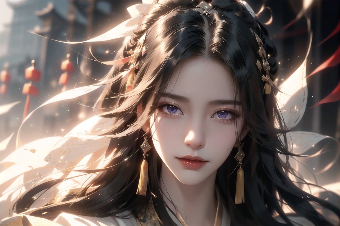 (cowboy shot), dynamic action style, (1woman), (female:1.2), mature face, (mature girl:1.2), sinister smirk, (Chinese hanfu with black and gold accents), finely detailed eyes and face, slim figure, (long black straight hair:1.2), (purple eyes:1.1), (focus on character:1.1), ((solo)), detailed face, detailed eyes, Chinese epic style, clear subject, ultra realistic, ultra detailed, OC rendering, blender, high detail, ultra high quality, dark and ominous atmosphere, dark clouds swirling, subtle mist