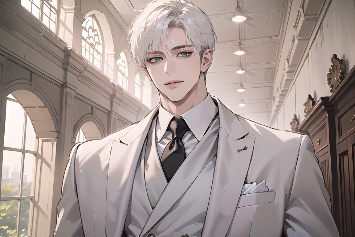 Ydor, 1boy, ((solo focus)), ((white short hair)), (Left side-parting bangs), seductive smile, green eyes, handsome, mature, angular jaw, thick neck, ((White groom suit:1.3)), long sleeve, by Raphael, masterpiece, upper body shot, magnificent indoor hall