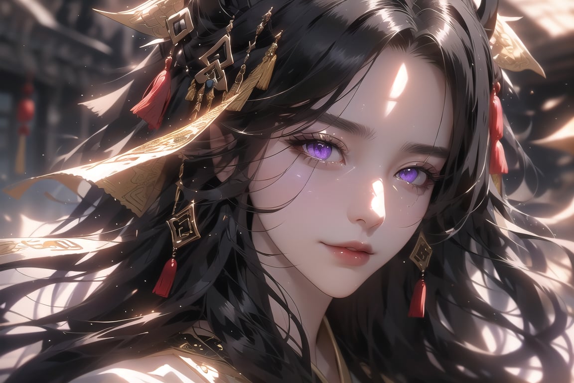 (cowboy shot), dynamic action style, (1woman), (female:1.2), mature face, (mature girl:1.2), sinister smirk, (Chinese hanfu with black and gold accents), finely detailed eyes and face, slim figure, (long black straight hair:1.2), (purple eyes:1.1), (focus on character:1.1), ((solo)), detailed face, detailed eyes, Chinese epic style, clear subject, ultra realistic, ultra detailed, OC rendering, blender, high detail, ultra high quality, dark and ominous atmosphere, dark clouds swirling, subtle mist