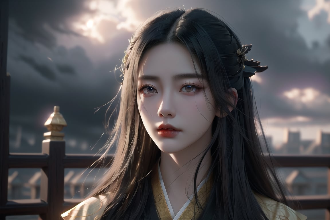 (cowboy shot), dynamic action style, (1woman), (female:1.2), mature face, (mature girl:1.2), sinister smirk, (Chinese hanfu with black and gold accents), finely detailed eyes and face, slim figure, (long black straight hair:1.2), (purple eyes:1.1), (focus on character:1.1), ((solo)), detailed face, detailed eyes, Chinese epic style, clear subject, ultra realistic, ultra detailed, OC rendering, blender, high detail, ultra high quality, dark and ominous atmosphere, dark clouds swirling, subtle mist