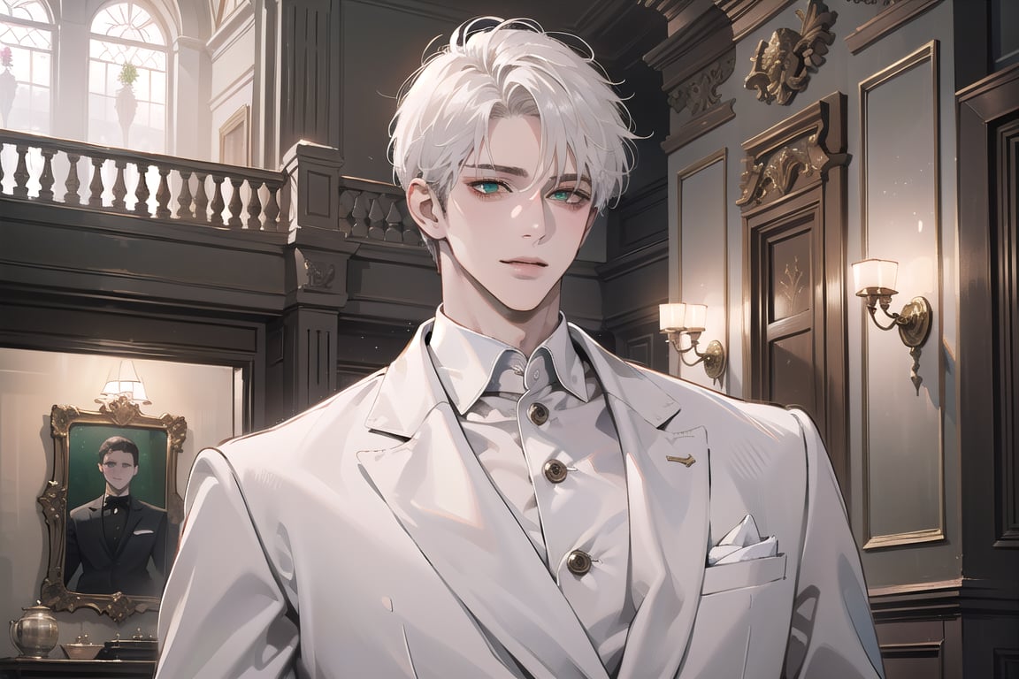 Ydor, 1boy, ((solo focus)), ((white short hair)), (Left side-parting bangs), seductive smile, green eyes, handsome, mature, angular jaw, thick neck, ((White groom suit:1.3)), long sleeve, by Raphael, masterpiece, upper body shot, magnificent indoor hall