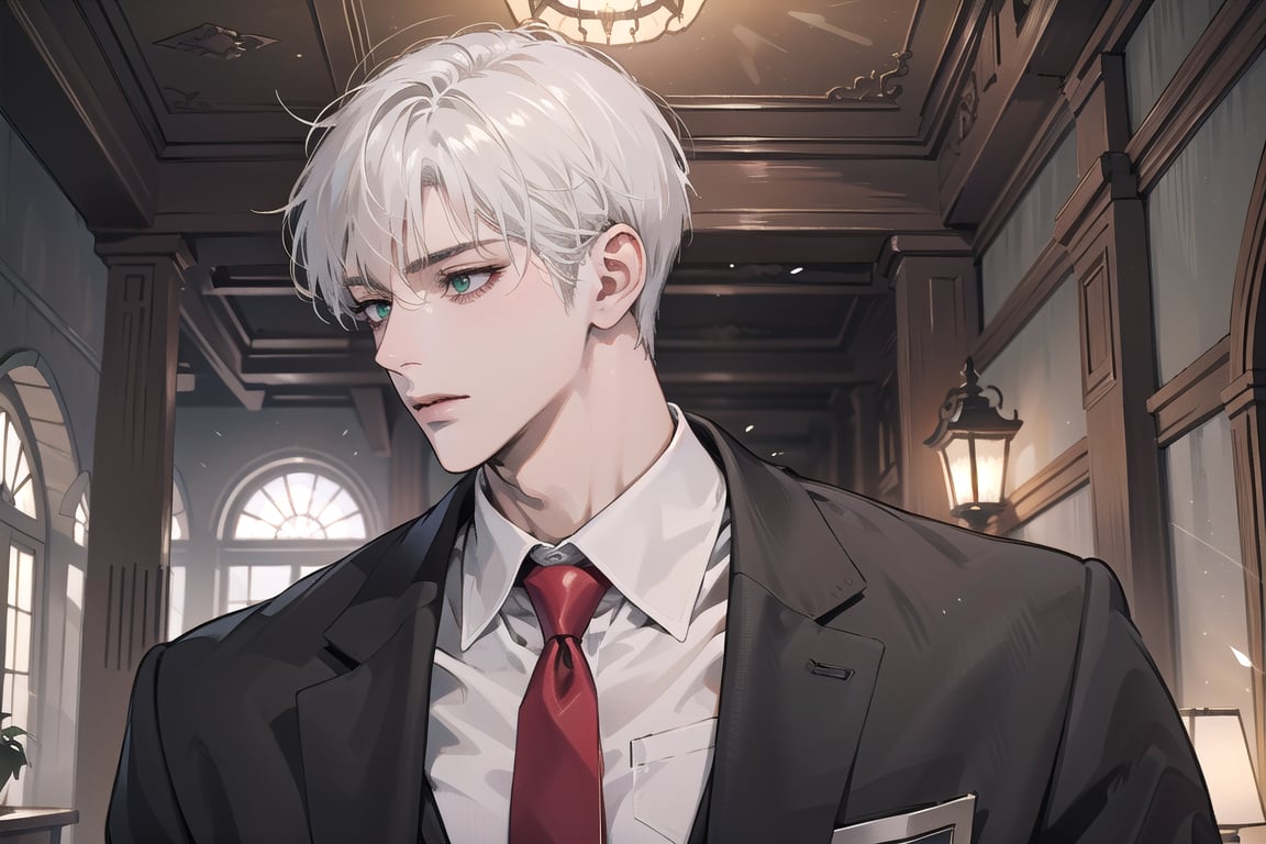 Ydor, 1boy, ((solo focus)), ((white short hair)), ((Right side-parting bangs)), green eyes, handsome, angular jaw, thick neck, ((School uniform:1.3)), Red tie, long sleeve, by Raphael, masterpiece, upper body shot, magnificent indoor hall