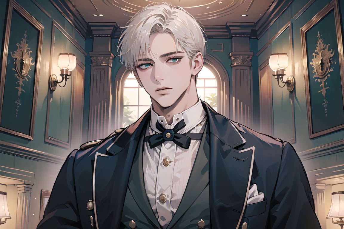 Ydor, 1boy, ((solo focus)), ((white short hair)), (Left side-parting bangs), green eyes, handsome, mature, angular jaw, thick neck, ((CadetBlue)) ((Victorian suit:1.3)), long sleeve, by Raphael, masterpiece, upper body shot, magnificent indoor hall