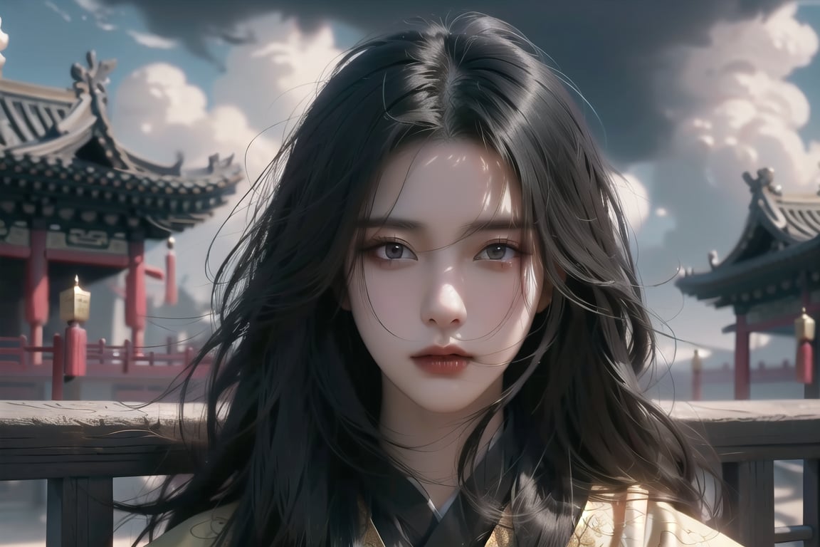 (cowboy shot), dynamic action style, (1woman), (female:1.2), mature face, (mature girl:1.2), evil, (Chinese hanfu with black and gold accents), finely detailed eyes and face, slim figure, (long black straight hair:1.2), (purple eyes:1.1), (focus on character:1.1), ((solo)), detailed face, detailed eyes, Chinese epic style, clear subject, ultra realistic, ultra detailed, OC rendering, blender, high detail, ultra high quality, dark and ominous atmosphere, dark clouds swirling, subtle mist