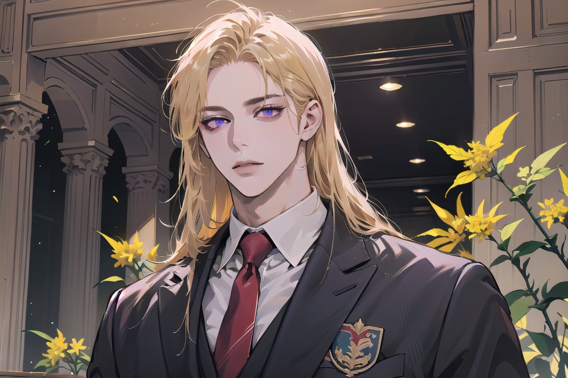 Nitrey, 1 boy, ((solo focus)), ((Goldenrod hair)), ((long straight hair)), (purple eyes), ((Medium score)), (((half-down:1.3))), To reveal the forehead, handsome, angular jaw,  thick neck, ((School uniform:1.3)), red tie, by Raphael, masterpiece, upper body shot, magnificent indoor hall