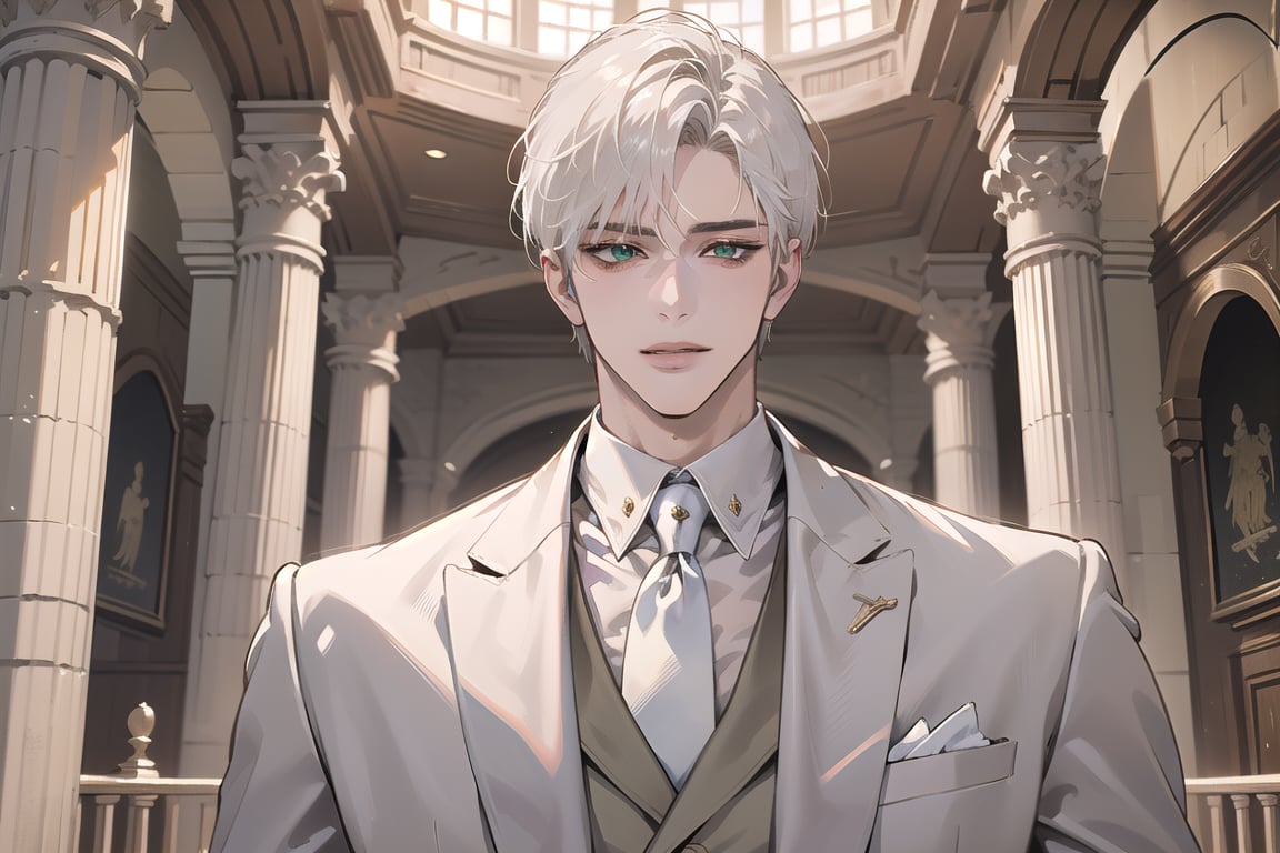 Ydor, 1boy, ((solo focus)), ((white short hair)), (Left side-parting bangs), seductive smile, green eyes, handsome, mature, angular jaw, thick neck, ((White groom suit:1.3)), long sleeve, by Raphael, masterpiece, upper body shot, magnificent indoor hall