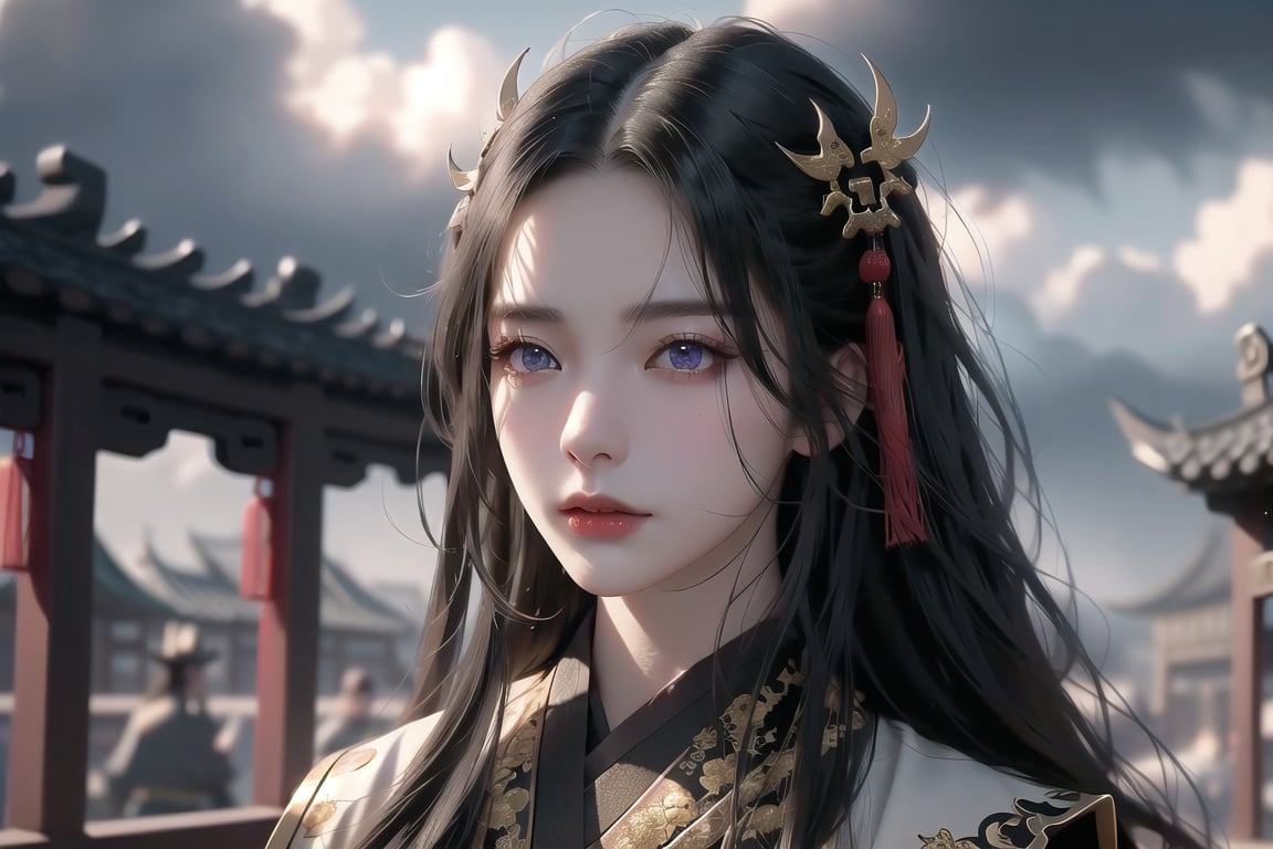 (cowboy shot), dynamic action style, (1woman), (female:1.2), mature face, (mature girl:1.2), sinister smirk, (Chinese hanfu with black and gold accents), finely detailed eyes and face, slim figure, (long black straight hair:1.2), (purple eyes:1.1), (focus on character:1.1), ((solo)), detailed face, detailed eyes, Chinese epic style, clear subject, ultra realistic, ultra detailed, OC rendering, blender, high detail, ultra high quality, dark and ominous atmosphere, dark clouds swirling, subtle mist