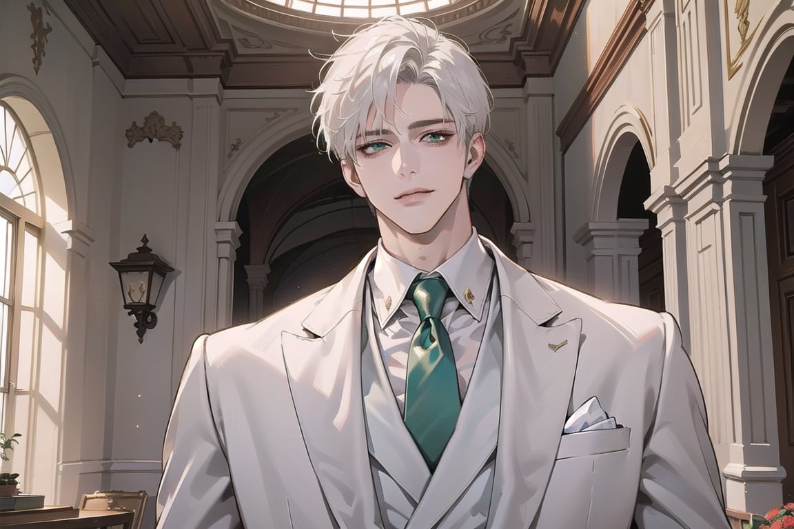 Ydor, 1boy, ((solo focus)), ((white short hair)), (Left side-parting bangs), seductive smirk, green eyes, handsome, mature, angular jaw, thick neck, ((White groom suit:1.3)), long sleeve, by Raphael, masterpiece, upper body shot, magnificent indoor hall