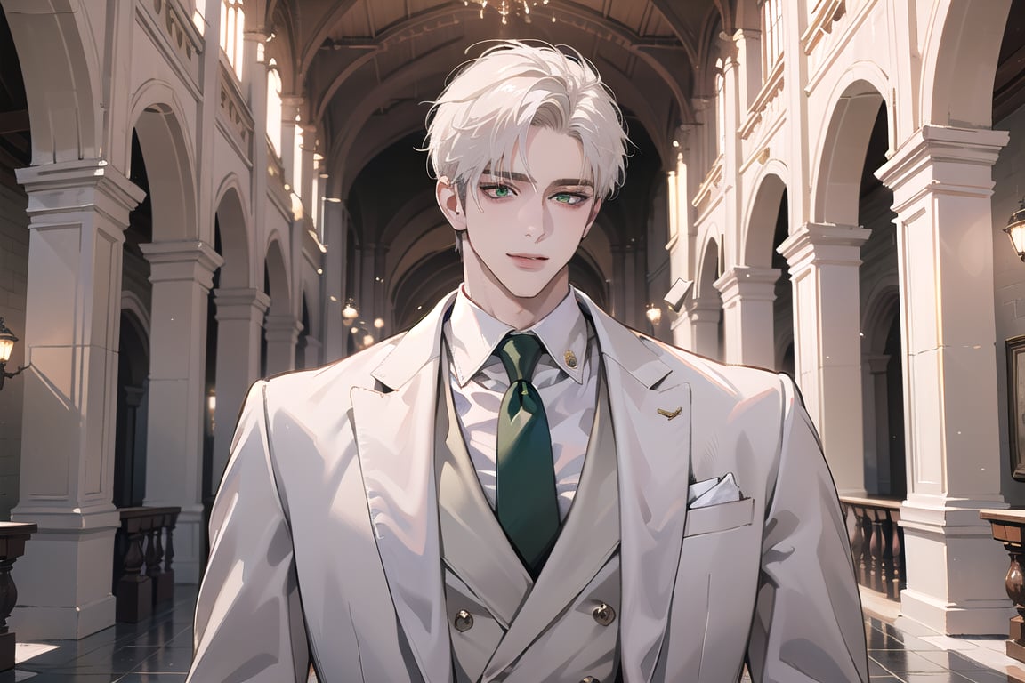 Ydor, 1boy, ((solo focus)), ((white short hair)), (Left side-parting bangs), seductive smile, green eyes, handsome, mature, angular jaw, thick neck, ((White groom suit:1.3)), long sleeve, by Raphael, masterpiece, upper body shot, magnificent indoor hall