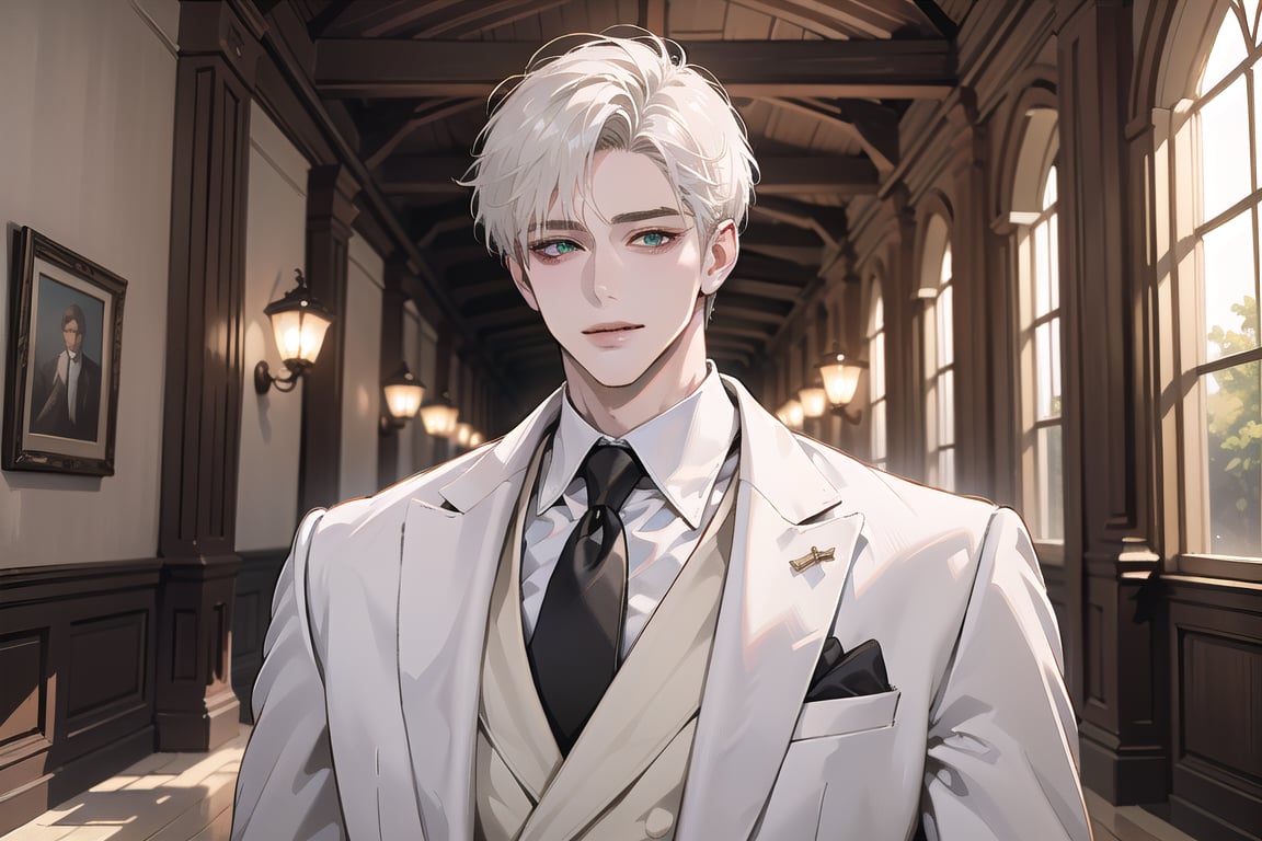 Ydor, 1boy, ((solo focus)), ((white short hair)), (Left side-parting bangs), seductive smile, green eyes, handsome, mature, angular jaw, thick neck, ((White groom suit:1.3)), long sleeve, by Raphael, masterpiece, upper body shot, magnificent indoor hall