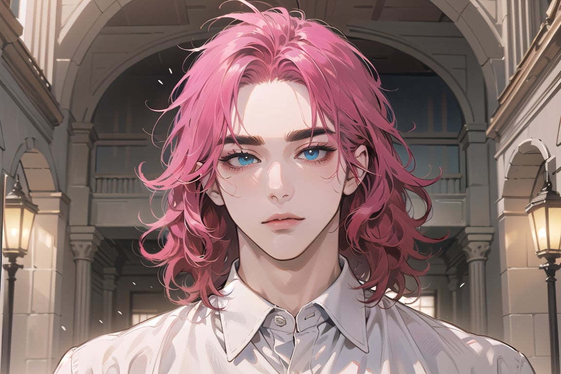 Kryon,1 boy, ((solo focus)), (((Fuchsia hair))), ((thick eyebrows)), ((Medium score)), To reveal the forehead, ((Split head)), ((messy hair)), ((wavy curly hair)), short hair, blue eyes, mature, ((white shirt:1.3)), shoet sleeve, by Raphael, masterpiece, upper body shot, magnificent indoor hall,1 man