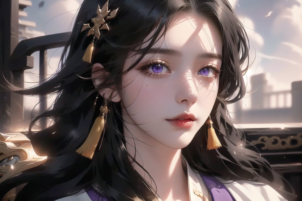 (cowboy shot), dynamic action style, (1woman), (female:1.2), mature face, (mature girl:1.2), sinister smirk, (Chinese hanfu with black and gold accents), finely detailed eyes and face, slim figure, (long black straight hair:1.2), (purple eyes:1.1), (focus on character:1.1), ((solo)), detailed face, detailed eyes, Chinese epic style, clear subject, ultra realistic, ultra detailed, OC rendering, blender, high detail, ultra high quality, dark and ominous atmosphere, dark clouds swirling, subtle mist