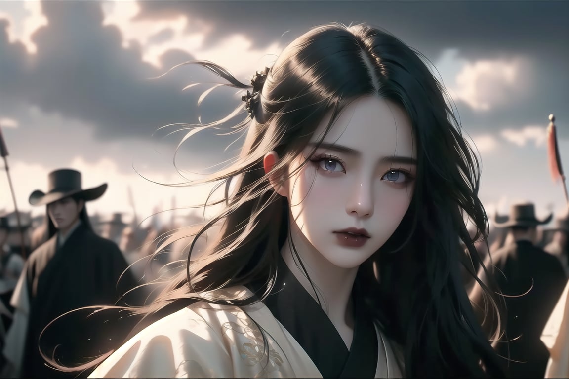 (cowboy shot), dynamic action style, (1woman), (female:1.2), mature face, (mature girl:1.2), evil, (Chinese hanfu with black accents), finely detailed eyes and face, slim figure, (long black straight hair:1.2), (purple eyes:1.1), (focus on character:1.1), ((solo)), detailed face, detailed eyes, Chinese epic style, clear subject, ultra realistic, ultra detailed, OC rendering, blender, high detail, ultra high quality, dark and ominous atmosphere, dark clouds swirling, subtle mist